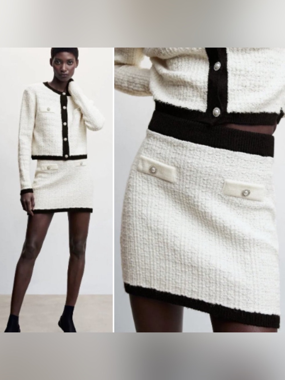 Mango- Pocket Tweed Skirt Size Large Off White Cotton Blend Office